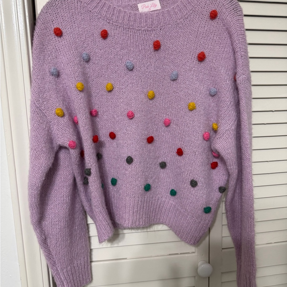 Pink Lily Lavender Sweater with Multicolor Pom Poms